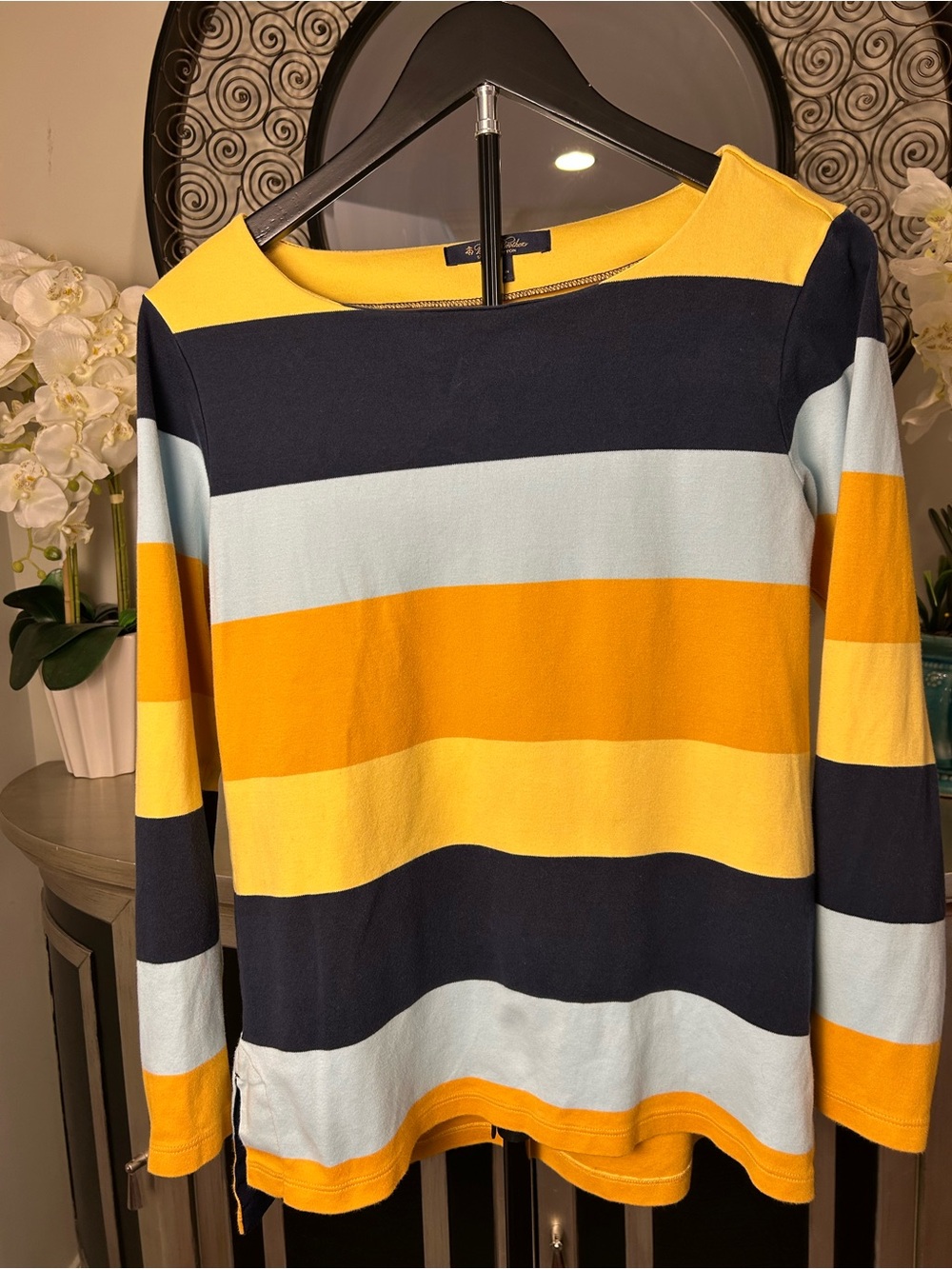 Brooks Brothers Striped Long-Sleeve Boatneck Top - Yellow, Navy, Light Blue